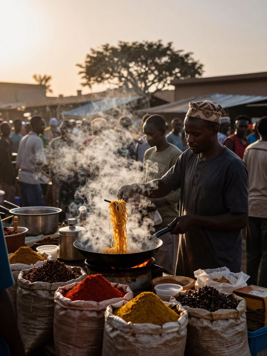 Noodle Vendor Tossing Wok at Touba Dawn in at a spice vendor's table in Touba