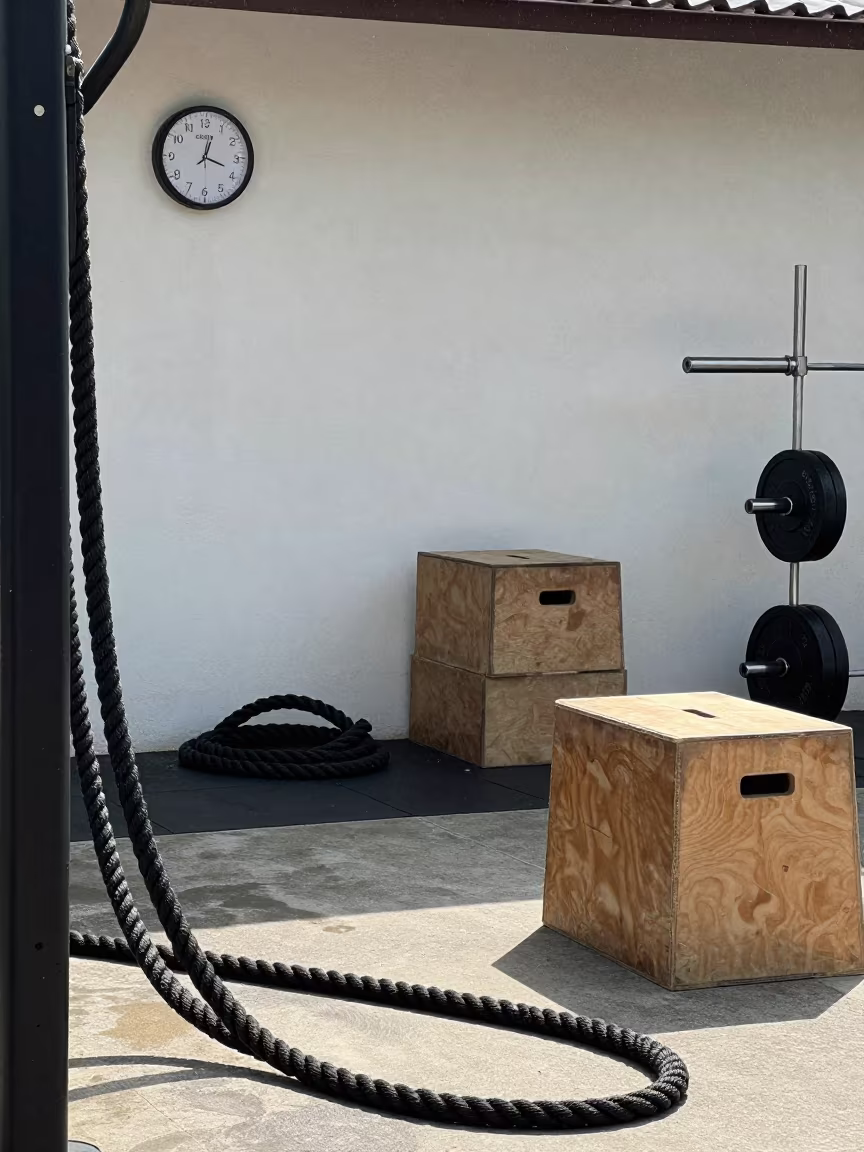 Noon Bootcamp Timer Ropes and Plyo Boxes in at an outdoor stair workout landing in Sao Luis