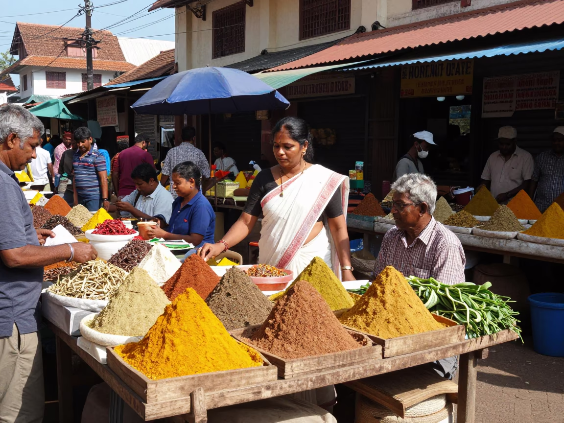 Noon Bustle at Kochi Spice Market with Vendor and Fresh Pomegranate in in Kochi, India