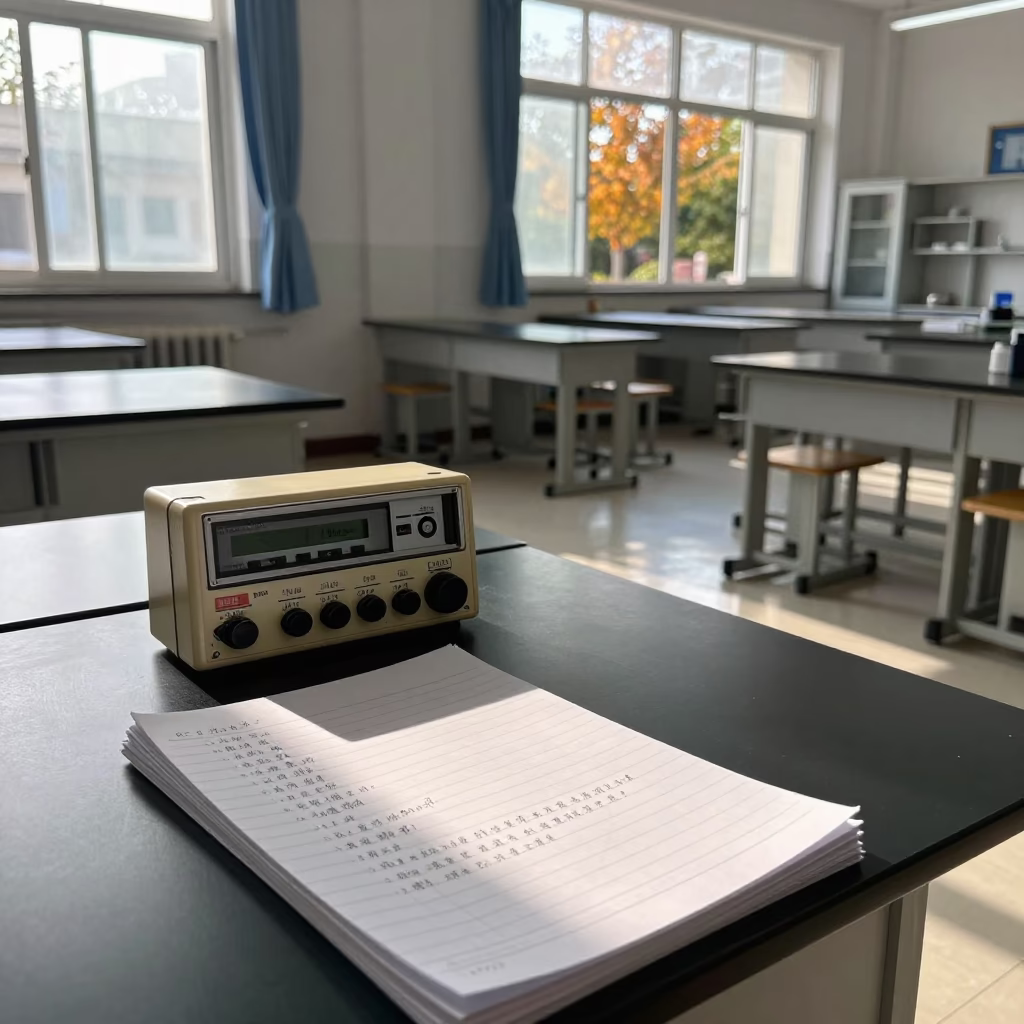 Noon Classroom Tape Recorder Lined Books Xiamen in in a school laboratory in Xiamen