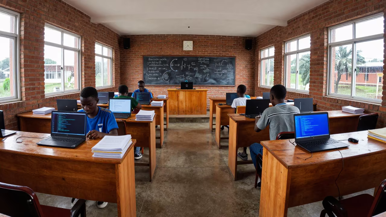 Noon coding session in rainy season lecture hall in outside a brick lecture building near Ikeja