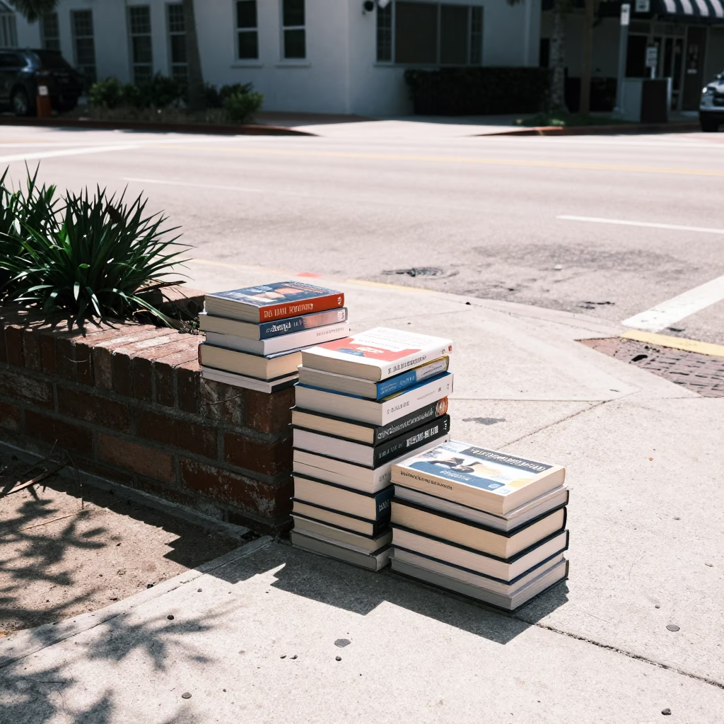 Noon glare on Miami street corner with books and casual pedestrian interaction in in Miami, Florida, United States