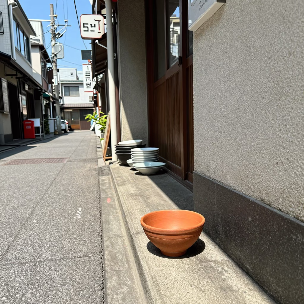Noon glare on Osaka alleyway with terracotta bowl and dish brushes near tiled wall in in Osaka, Japan