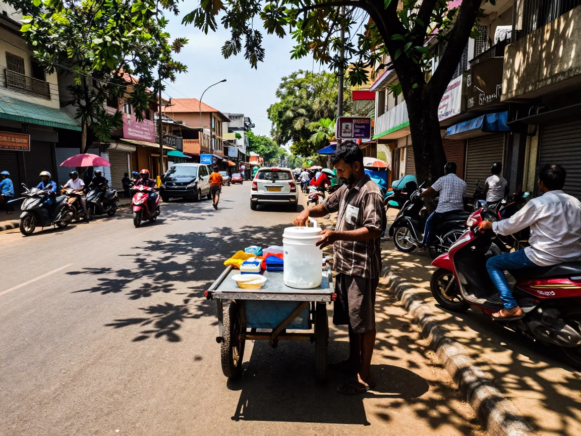 Noon Heat and Street Life in Chennai India with Leaf Shadows and Cooler Jug in in Chennai, India