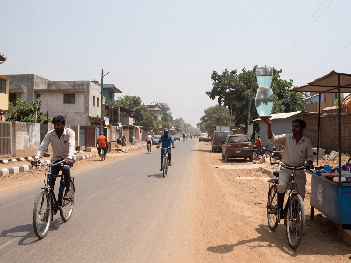 Noon Heat on Hyderabad Street with Cyclist and Glass Carafe Vendor in in Hyderabad, India