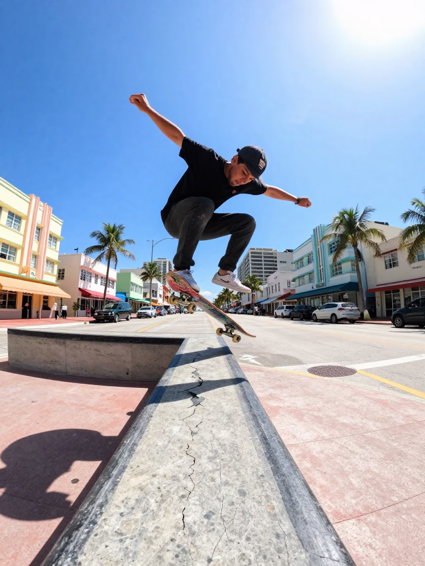 Noon Heat on Miami Street Skateboarder Mid-Trick Near Colorful Vase in in Miami, Florida, United States