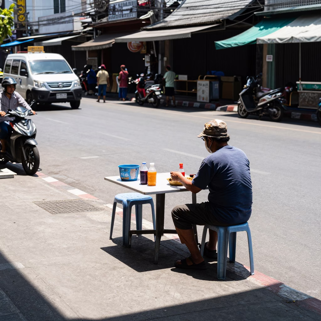 Noon Heat on Phuket Street with Local Vendor and Simple Dining Setup in in Phuket, Thailand
