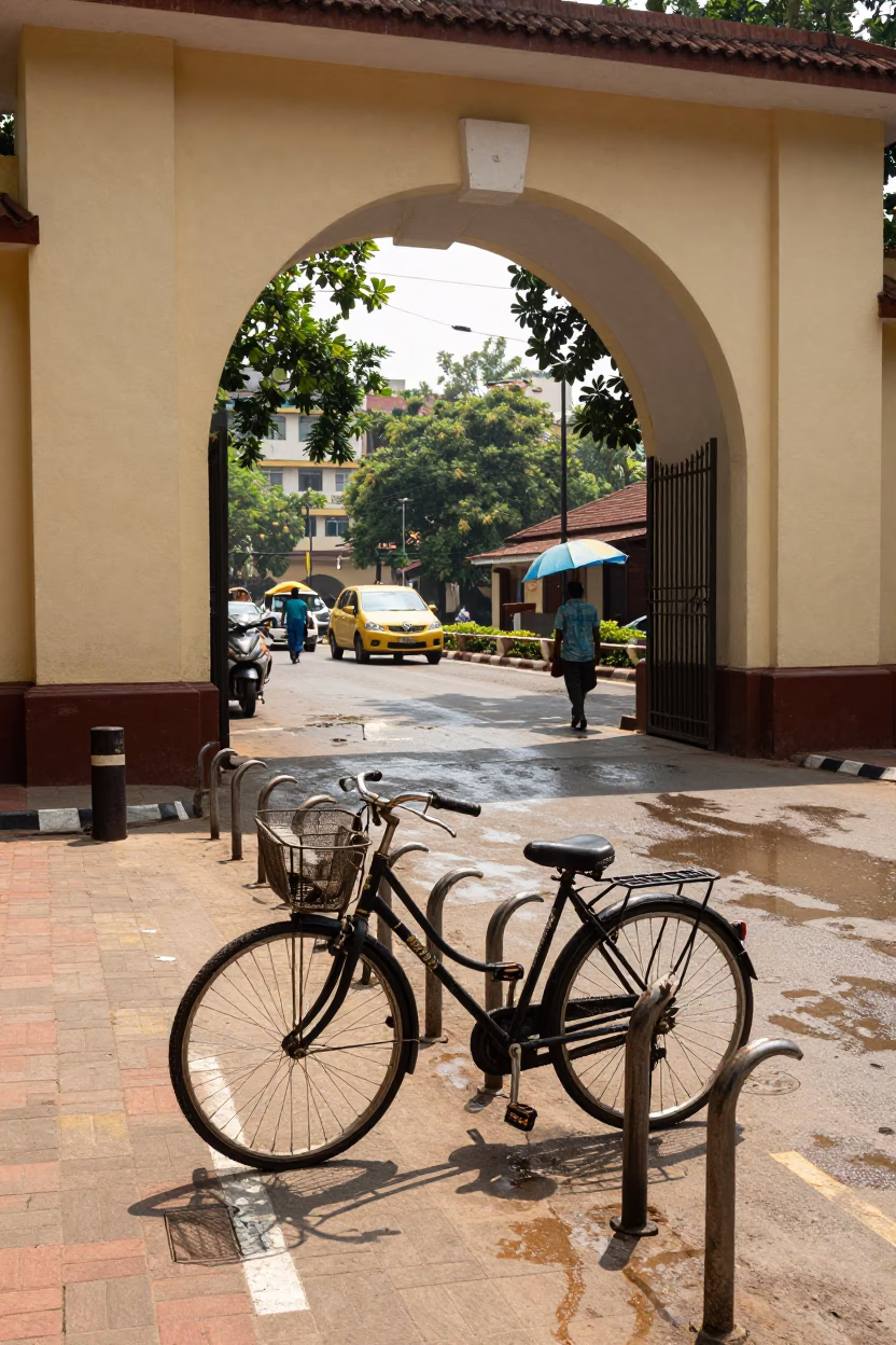 Noon Heat Wave on Chennai Street With Bicycle Rack and Umbrella Vendor in in Chennai, India