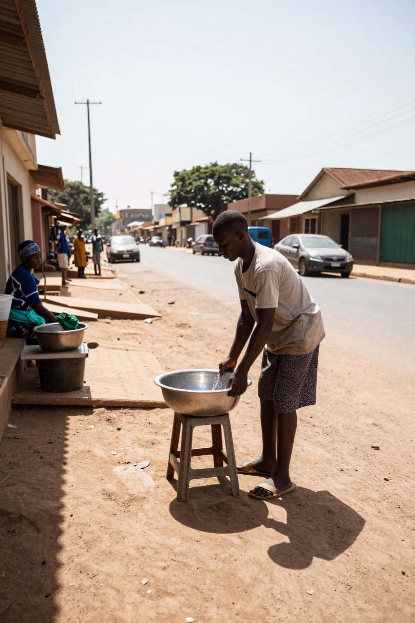 Noon Light Accra Ghana Street Scene with Wash Basin and Capoeira Practice in in Accra, Ghana