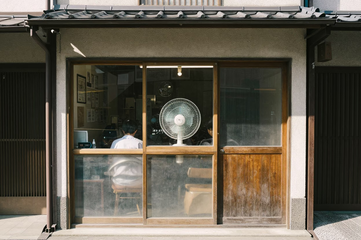 Noon Light Fukuoka Street Scene with Window Fan and Mops in in Fukuoka, Japan
