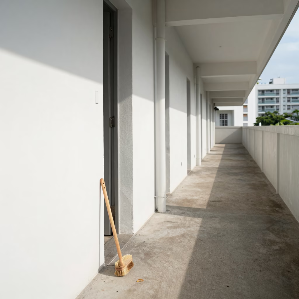 Noon Light Illuminates HDB Corridor with Coat Brush and Peg Rail Details in in Singapore, Singapore