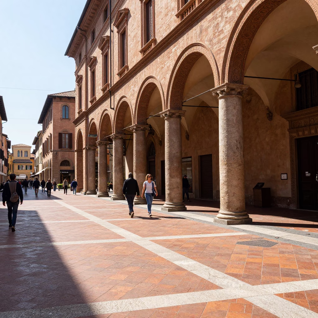 Noon light in Bologna Italy historic portico street scene with pedestrians in in Bologna, Italy