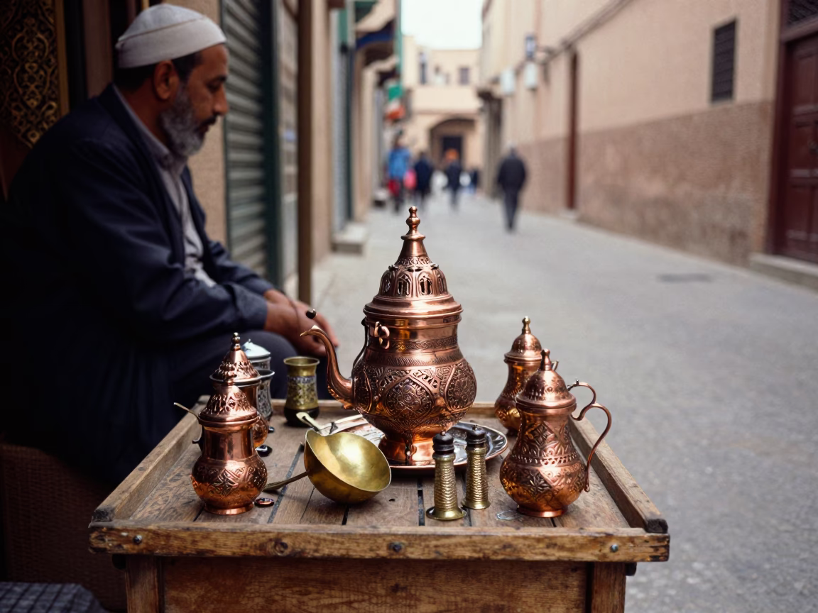 Noon Light in Fez Medina Copperwork and Tea Service in in Fez, Morocco