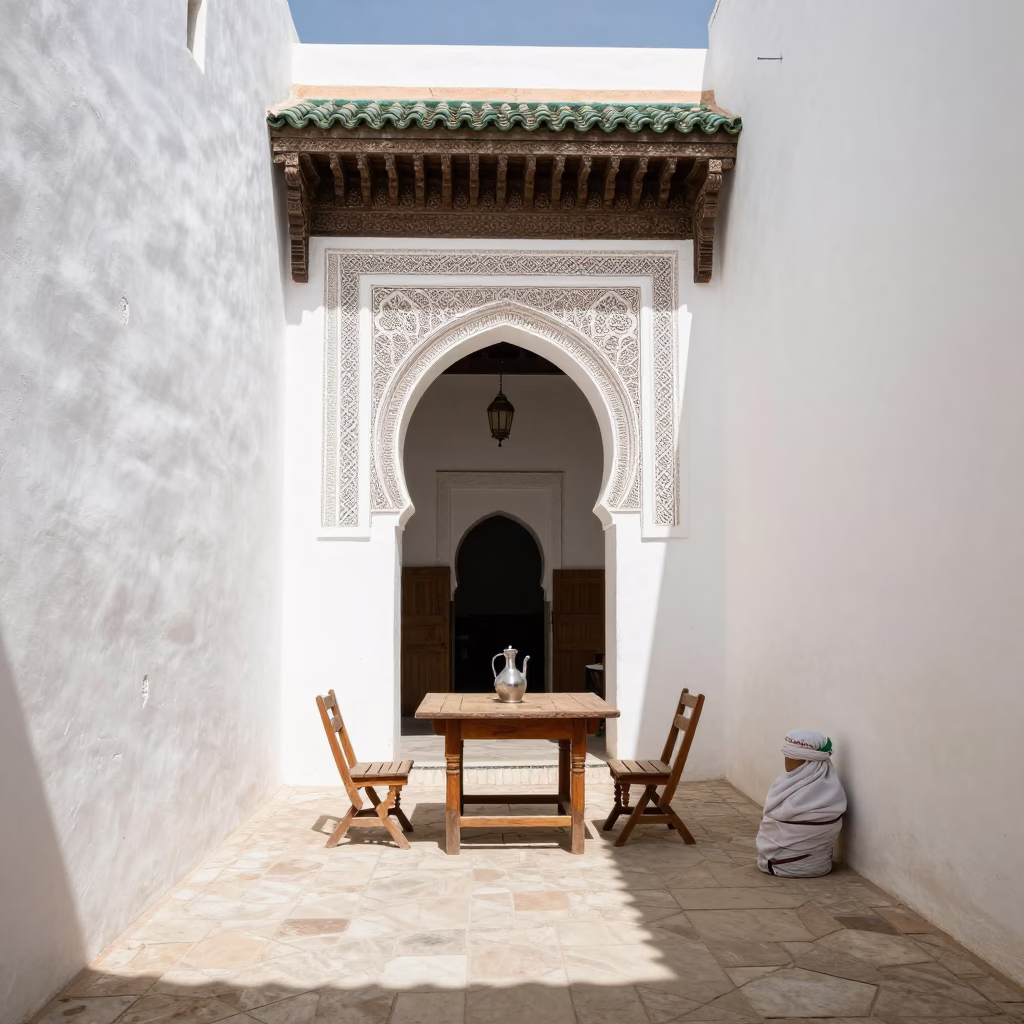 Noon Light in Fez Medina Courtyard with Cooler Jug and Newspaper Stack in in Fez, Morocco