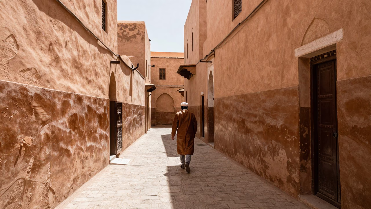 Noon Light in Fez Medina Narrow Alleyway with Traditional Leather Goods and Zellige Tilework in in Fez, Morocco