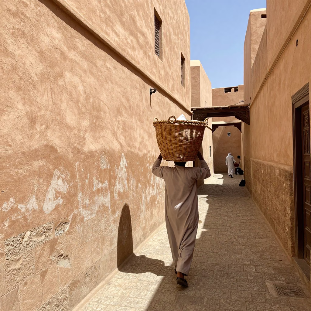 Noon Light in Fez Medina Street with Wicker Hamper and Water Marks in in Fez, Morocco