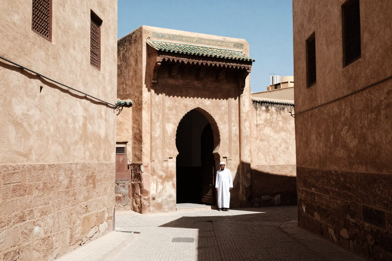 Noon Light in Fez Morocco Traditional Architecture and Daily Street Life Scene in in Fez, Morocco
