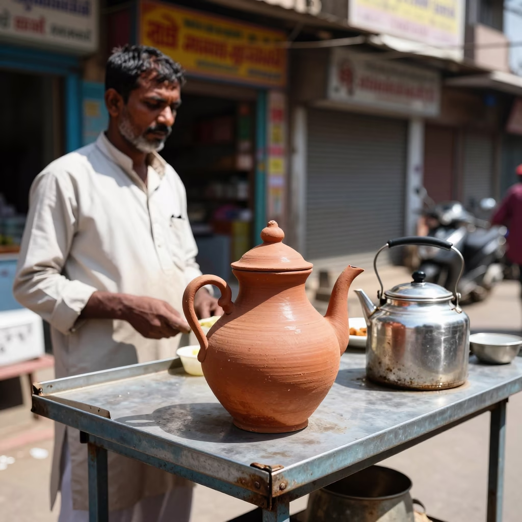 Noon light in Hyderabad street stall with clay teapot and bustling crowd in in Hyderabad, India