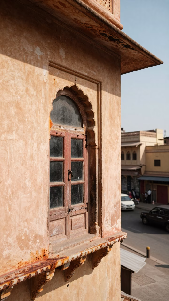 Noon Light in Jaipur India Rusty Window Sill and City Street View in in Jaipur, India