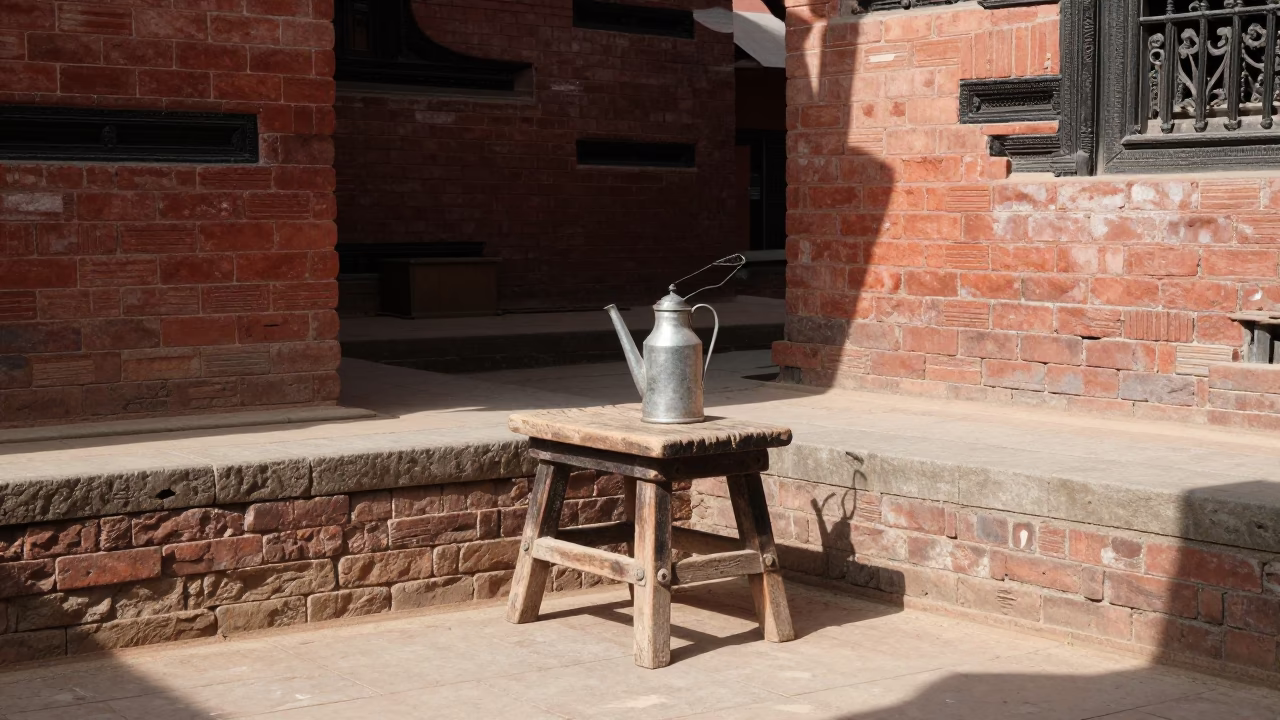 Noon Light in Kathmandu Courtyard with Stool and Watering Bottle in in Kathmandu, Nepal