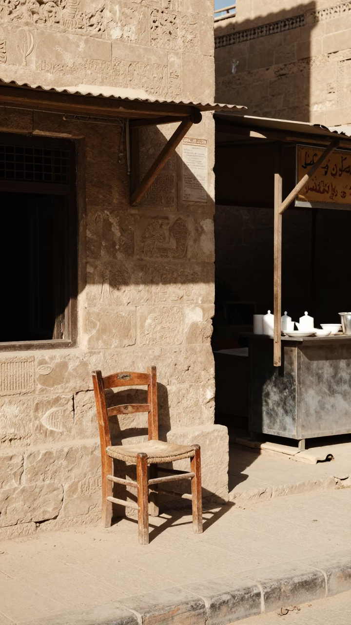 Noon Light in Luxor Egypt Street Scene with Chair and Sugar Jar in in Luxor, Egypt