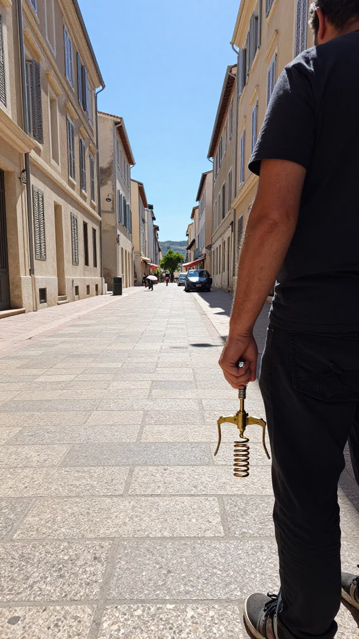 Noon Light in Marseille France Street Scene with Man and Corkscrew in in Marseille, France