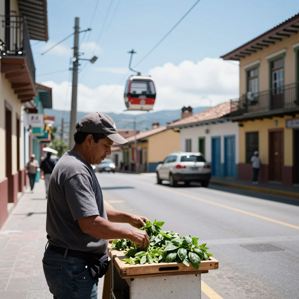 Noon Light in Medellin Colombia Street Scene with Aerial Tramway and Basil Leaves in in Medellin, Colombia