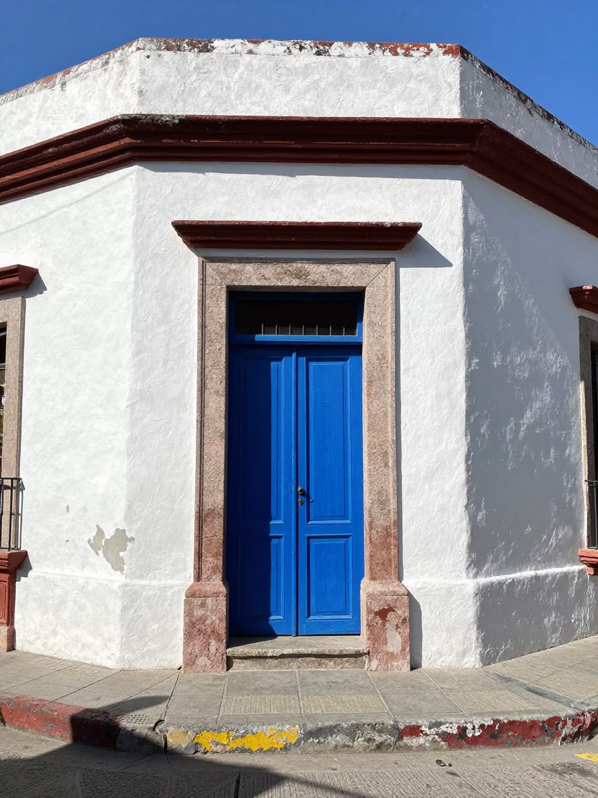 Noon Light in Merida Mexico Street Scene with White Stucco and Blue Door in in Merida, Mexico