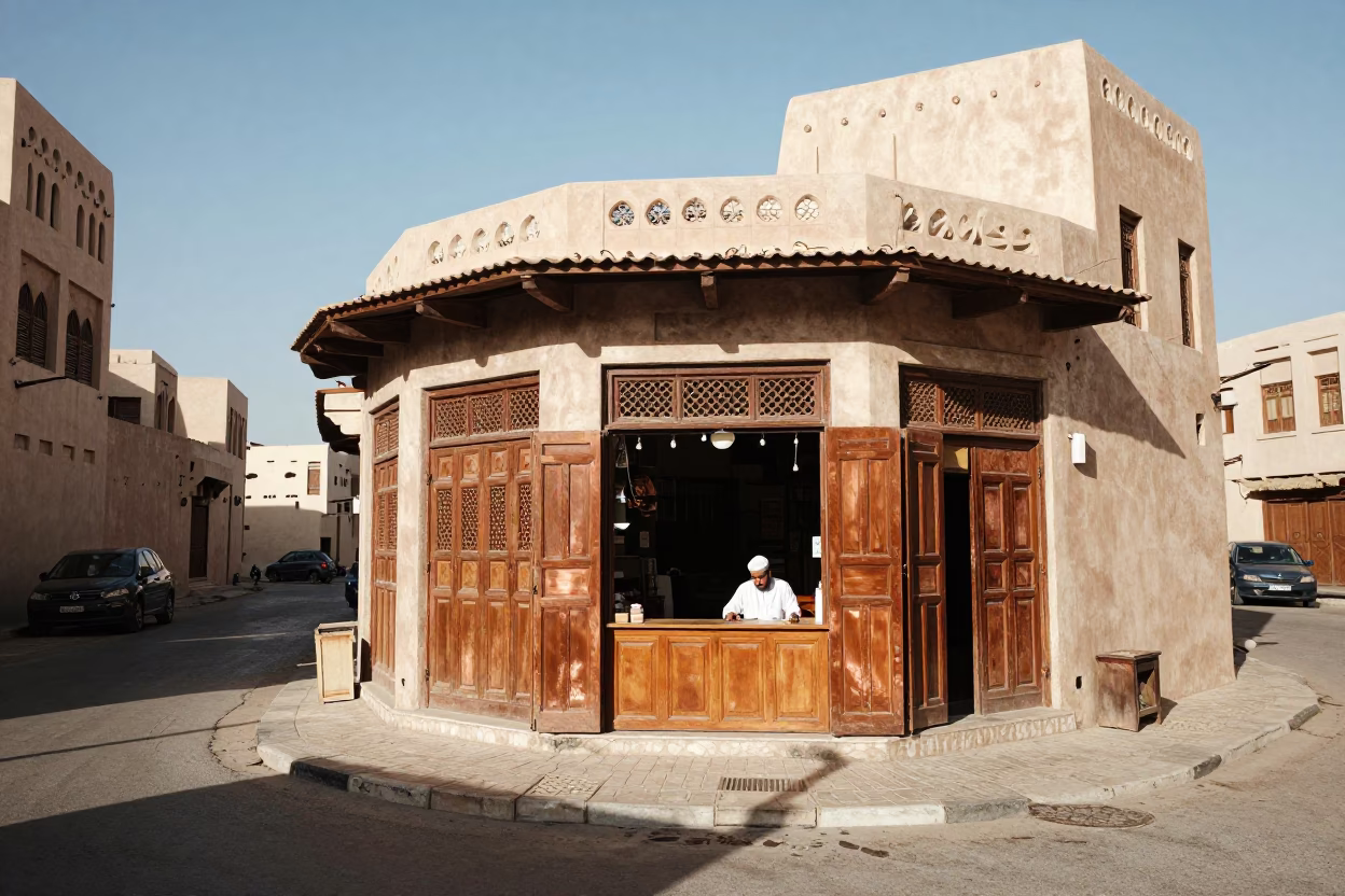 Noon Light in Muscat Old Quarter Street Corner with Copper Pots and Table Fan in in Muscat, Oman
