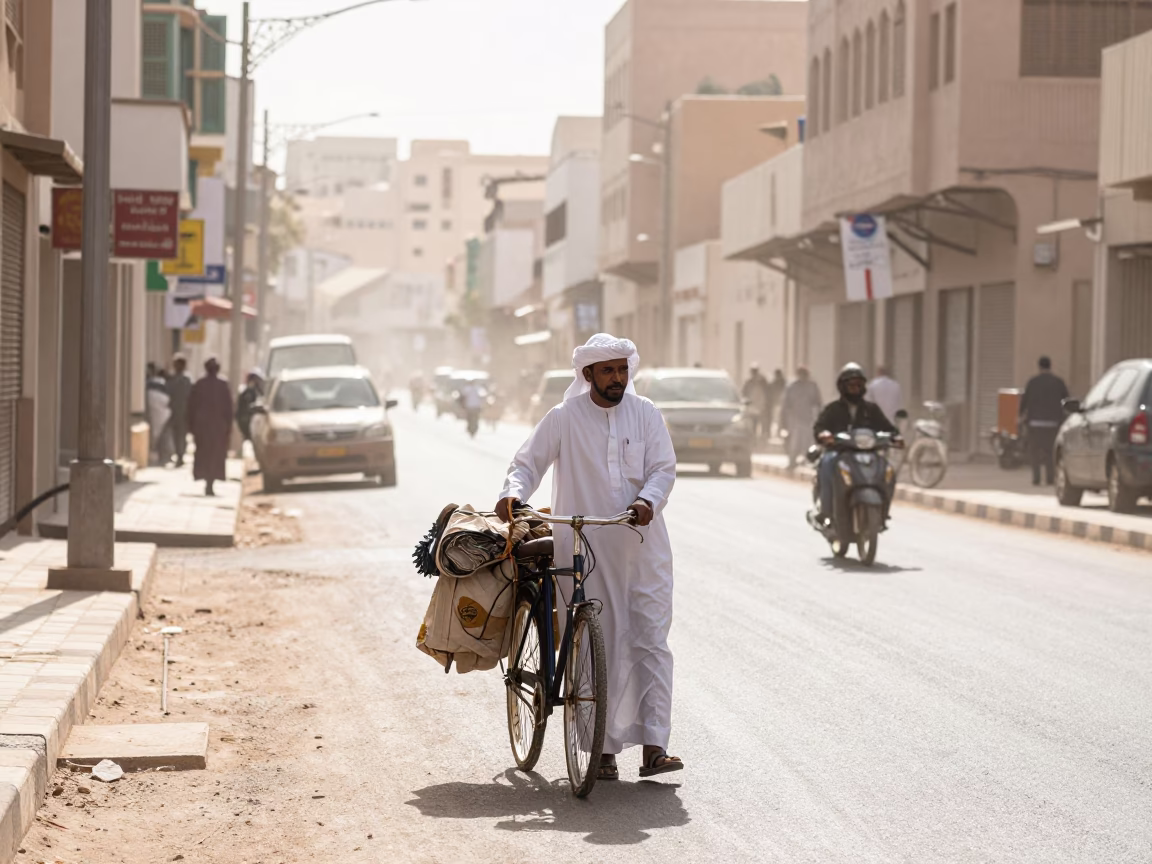 Noon Light in Muscat Oman Street Scene with Bicycle and Local Details in in Muscat, Oman