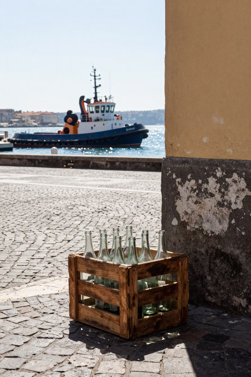 Noon Light in Naples Italy Street Scene with Tugboat Harbor View in in Naples, Italy