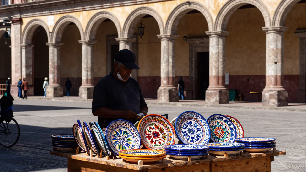 Noon Light in Oaxaca Plaza with Vintage Majolica Plate and Local Market Activity in in Oaxaca, Mexico