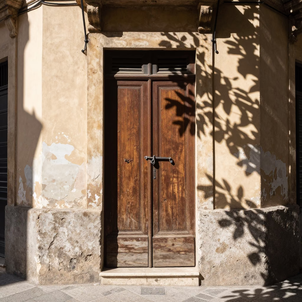 Noon Light in Palermo Street Corner with Leaf Shadows on Latch and Hydrangeas in in Palermo, Italy
