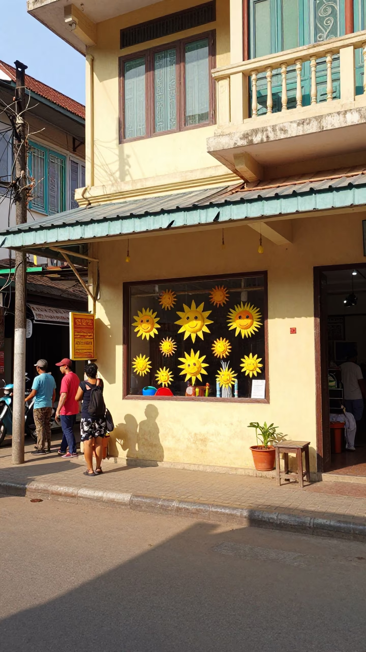 Noon Light in Phnom Penh Cambodia Street Scene with Tissue Paper Suns in in Phnom Penh, Cambodia