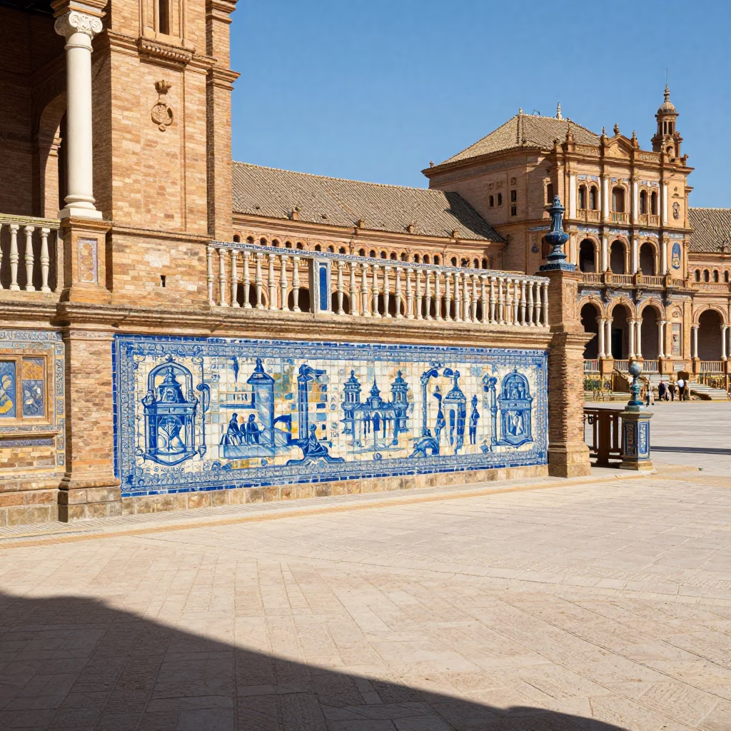 Noon Light in Seville Plaza with Stone Walls and Local Street Life in in Seville, Spain
