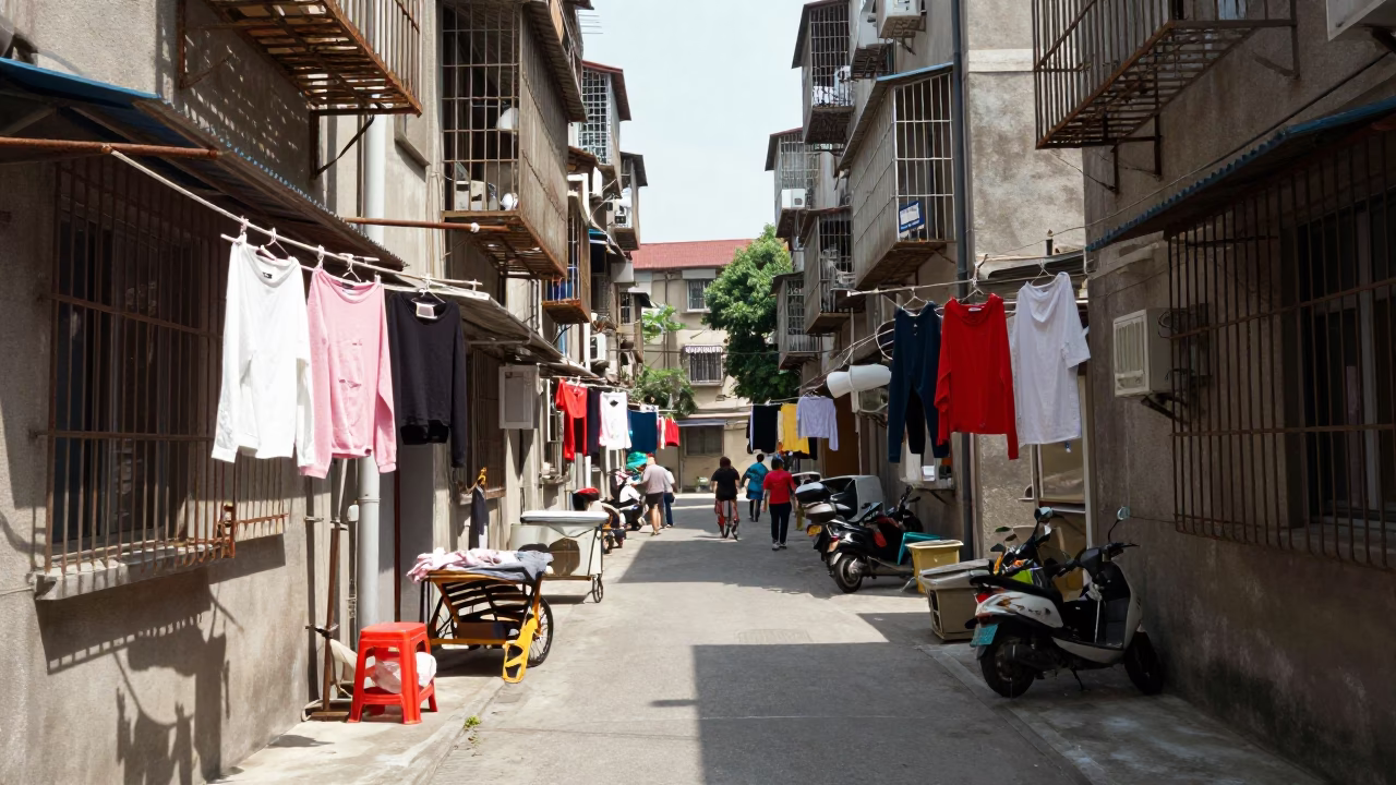 Noon Light in Shanghai Residential Alleyway with Laundry and Street Life in in Shanghai, China