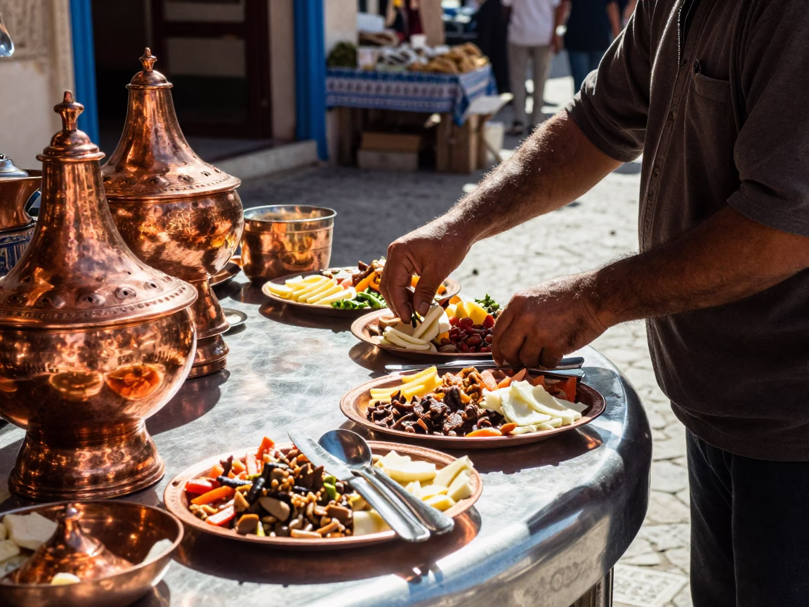 Noon Light in Tunis Medina Copper Mezze and Cutlery Detail in in Tunis, Tunisia
