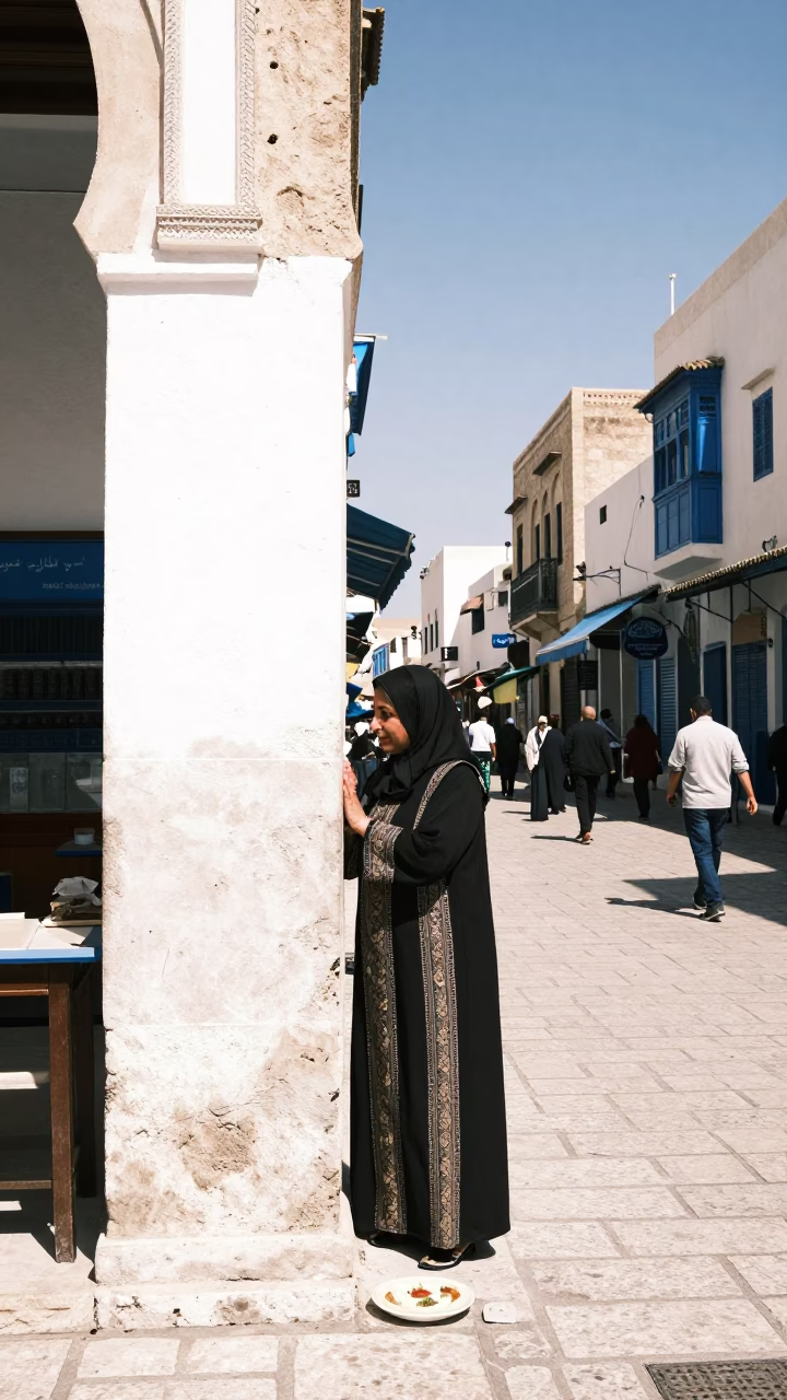 Noon Light in Tunis Medina Street with Hummus Plate and Pearl Necklace in in Tunis, Tunisia