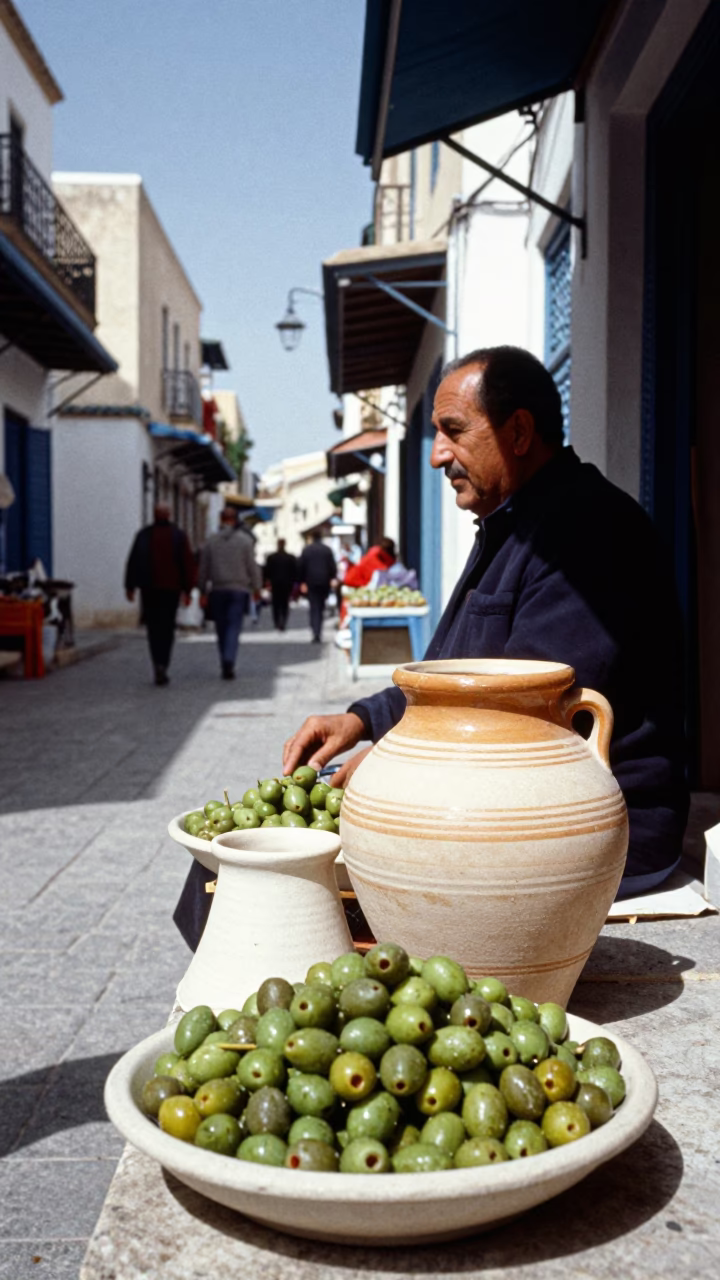 Noon Light in Tunis Medina Street with Olive Dish and Ceramic Jar in in Tunis, Tunisia