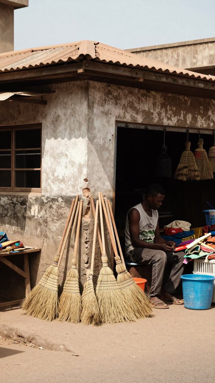 Noon Light on Accra Street Market with Brooms and Porcelain Details in in Accra, Ghana