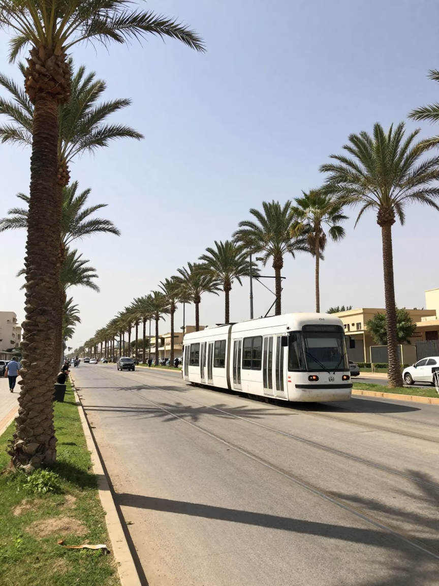 Noon Light on Alexandria Boulevarde Palm Avenue with Tram and Kites in in Alexandria, Egypt