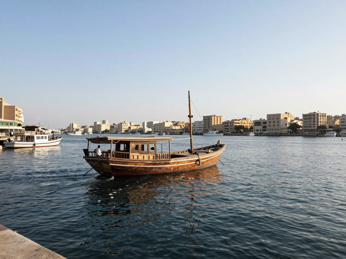 Noon light on Alexandria harbor with junk boat and research vessel stern in in Alexandria, Egypt