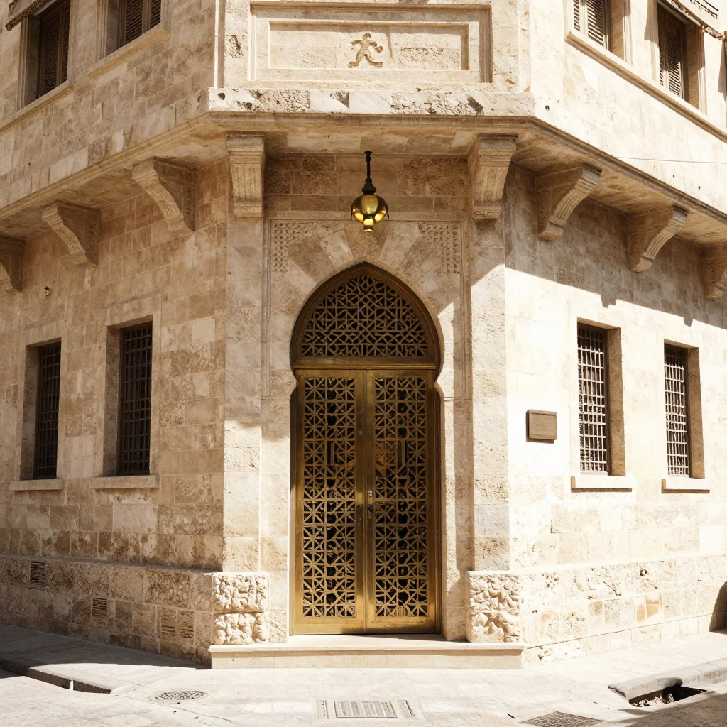 Noon light on Alexandria street corner with brass fixtures and daily life in in Alexandria, Egypt
