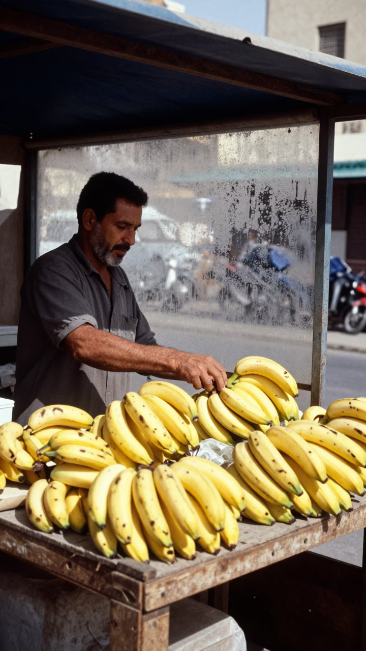 Noon Light on Alexandria Street Vendor with Bananas and Condensation on Glass in in Alexandria, Egypt