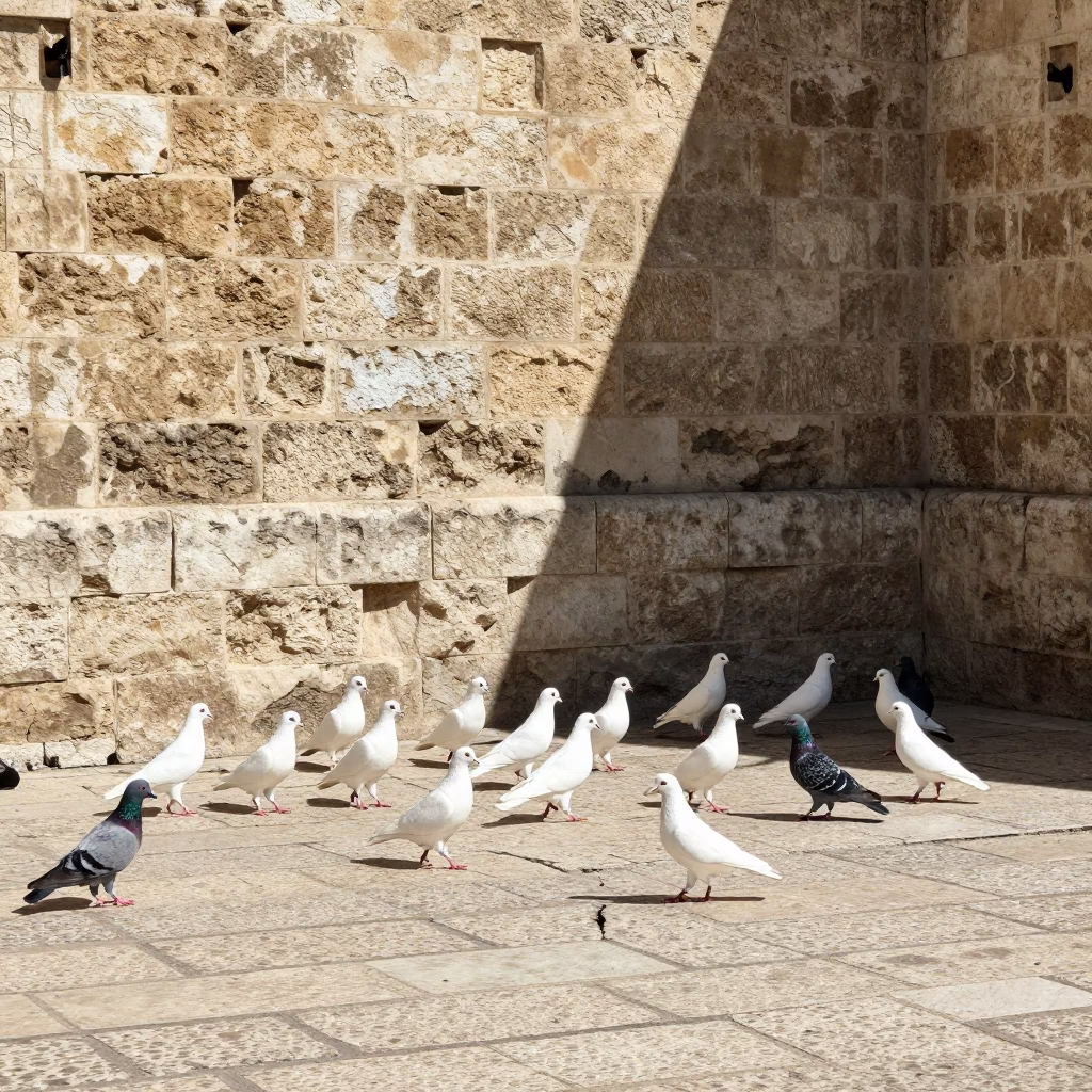 Noon Light on Amman Stone Street with Pigeons and Clay Pots in in Amman, Jordan