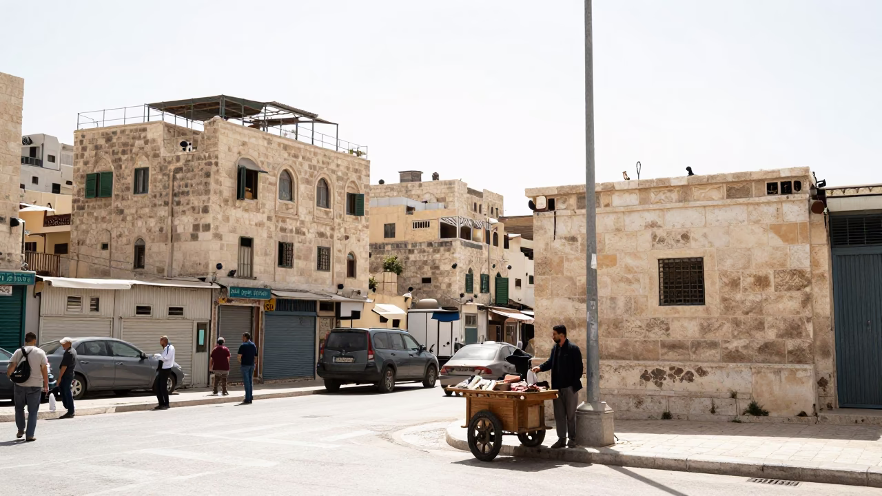 Noon Light on Amman Street Corner with Local Vendor and Daily Life in in Amman, Jordan