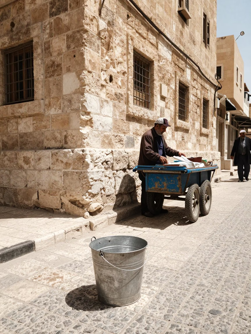 Noon light on Amman street corner with metal bucket and paint flecks on handle in in Amman, Jordan