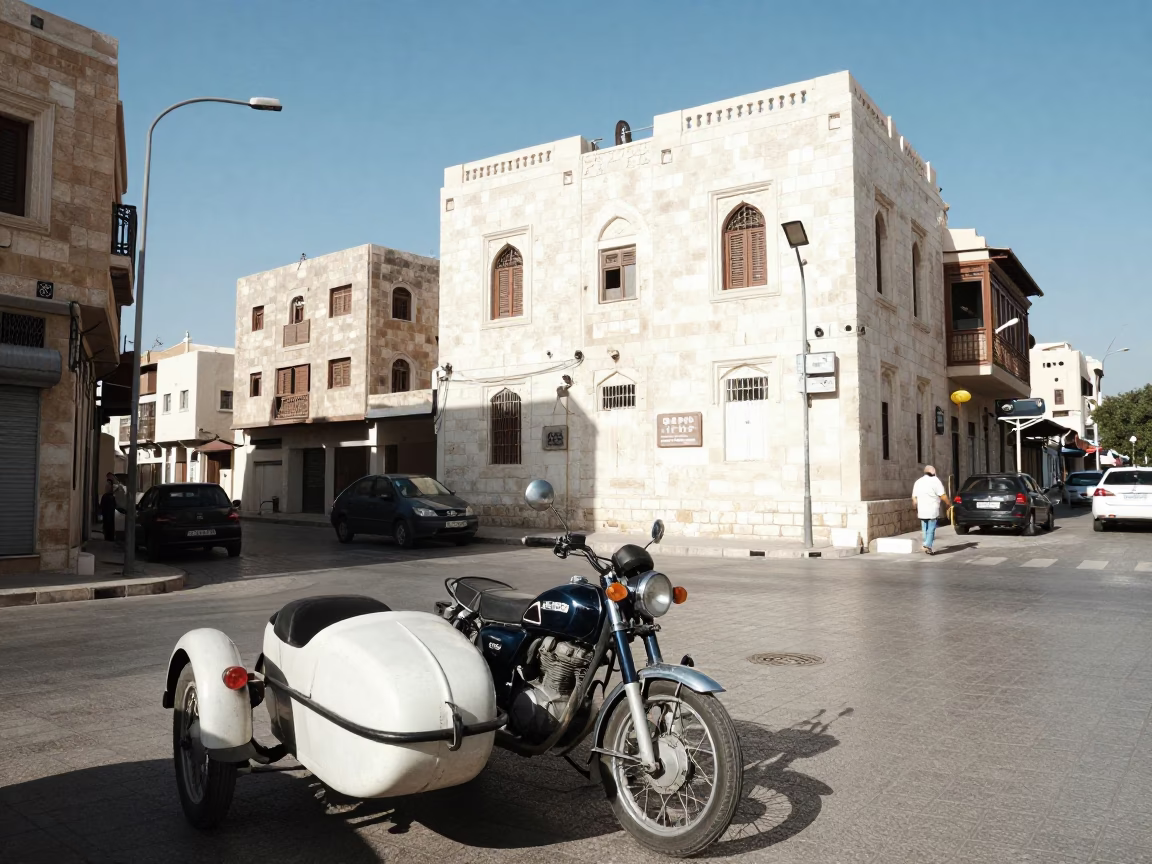 Noon Light on Amman Street Corner with Vintage Motorcycle Sidecar and Local Pedestrians in in Amman, Jordan