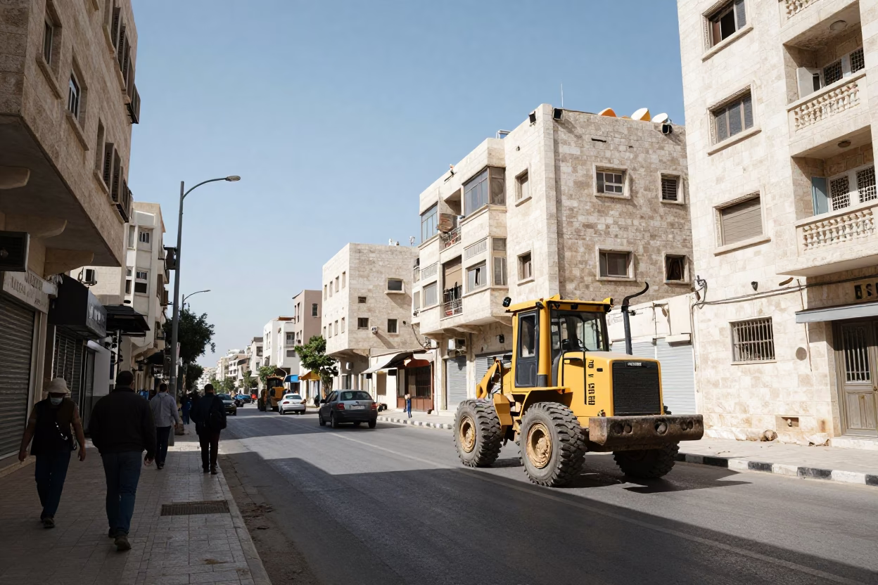 Noon Light on Amman Streets with Bulldozer Construction and Local Life in in Amman, Jordan