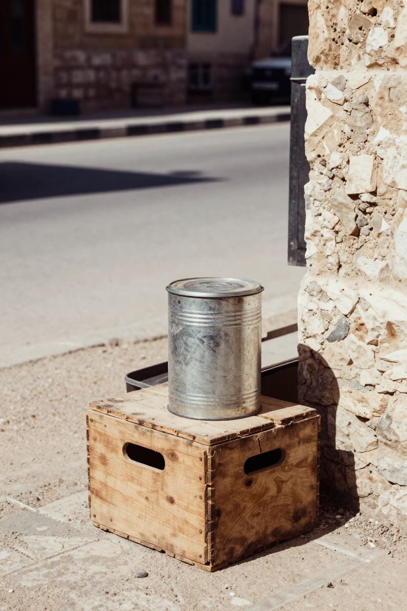 Noon Light on Amman Streets with Coffee Tin and Blue Porcelain Plate in in Amman, Jordan